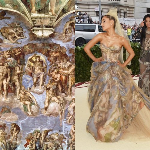 sinnamonscouture:  A Look at The inspirations behind some of the #MetGala looks: Zendaya (Joan of Arc)Lana Del Rey (Our Lady of Sorrows) Ariana Grande (The Last Judgment by Michelangelo)Taylor Hill. (The Pope)