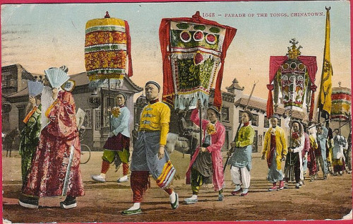 1904. Colored postcard depicting a dragon dance in Los Angeles, California&rsquo;s Chinatown 1910. C