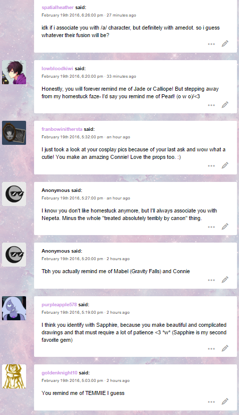 other “what char am i associated with” answers c: thanks you guys aaa &lt;3