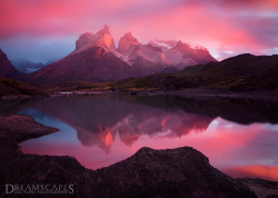beautifuldreamtrips:Eternal Mirror by ianplant Sunrise light over Torres del Paine, Patagonia, Chile.