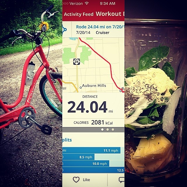 24 miles this morning Rochester 🚲 Lake Orion via #clintonrivertrail + #paintcreek trail & #rochesterriverwalk. #cycling #cardio #biketrail #bikeride #bike #cruiser #electra #greensmoothie #protein #weightloss #25lbsdown #legday #bikeselfie