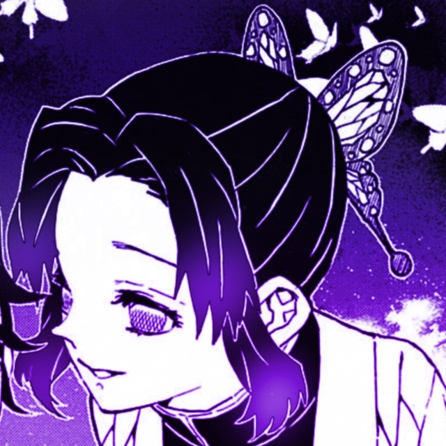 an icon of shinobu from demon slayer manga. it has a purple color overlay. she leans to the left to speak to another character. she has a calm expression.