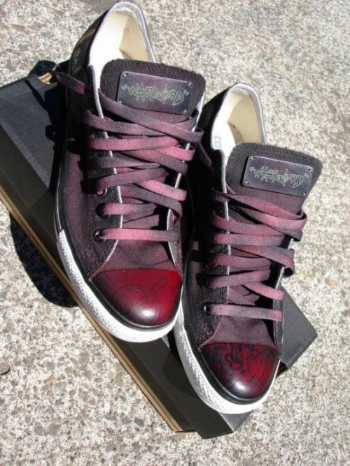 Hand painted ‘Warlord’ custom Converse with hand made aluminum tag and, candy toe and custom lace lo