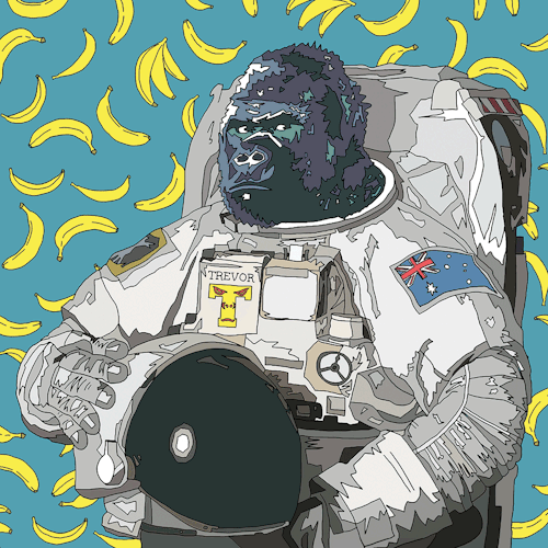 Trevor the Space GorillaAvailable at Society6 and Redbubble.