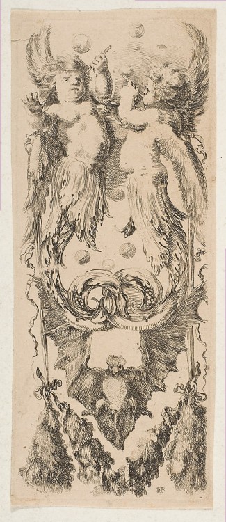 Two Winged Children with Bodies Turning into Ornament Blowing Bubbles (c. 1653) Etching Stefano dell