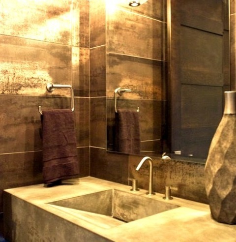 Asian Powder Room - BathroomA Small Powder Room With Gray Flooring, Open Cabinets, Multicolored Walls,