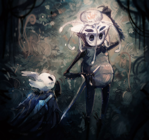 A digital painting in teal and rosy tones, depicting Little Ghost and Quirrel standing in a heavily vegetated area of Fog Canyon. Quirrel has an Ooma perches on his head, and is looking back to Ghost with one hand cupping it. Ghost looks to be in wonderment.