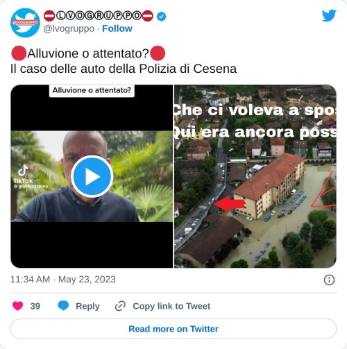 🔴Alluvione o attentato?🔴 Il caso delle auto della Polizia di Cesena pic.twitter.com/qIukixwcoN  — ⛔️ⓁⓋⓄⒼⓇⓊⓅⓅⓄ⛔️ (@lvogruppo) May 23, 2023