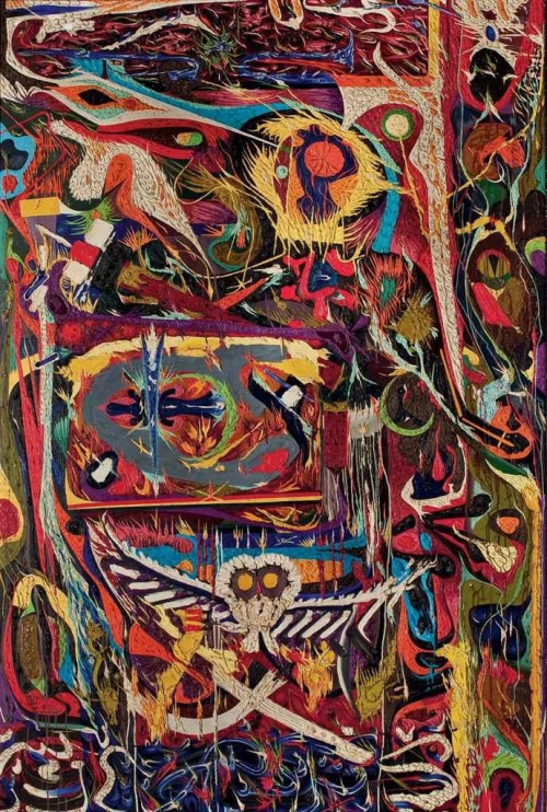 alaspoorwallace:Alfonso Ossorio (Filipino-American, 1916-1990), Le guerrier, la colombe et la chouette [The Warrior, the Dove and the Owl], about 1960. Oil on canvas, 256.5 x 170 cm  