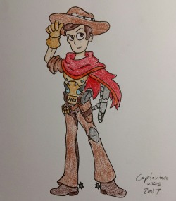 Woody from Toy Story as McCree from Overwatch. I did this in coloured pencil rather than digital because I&rsquo;m currently loaning my drawing tablet to someone right now. I&rsquo;ll get it back soon, and then I can get back to the regular stuff.