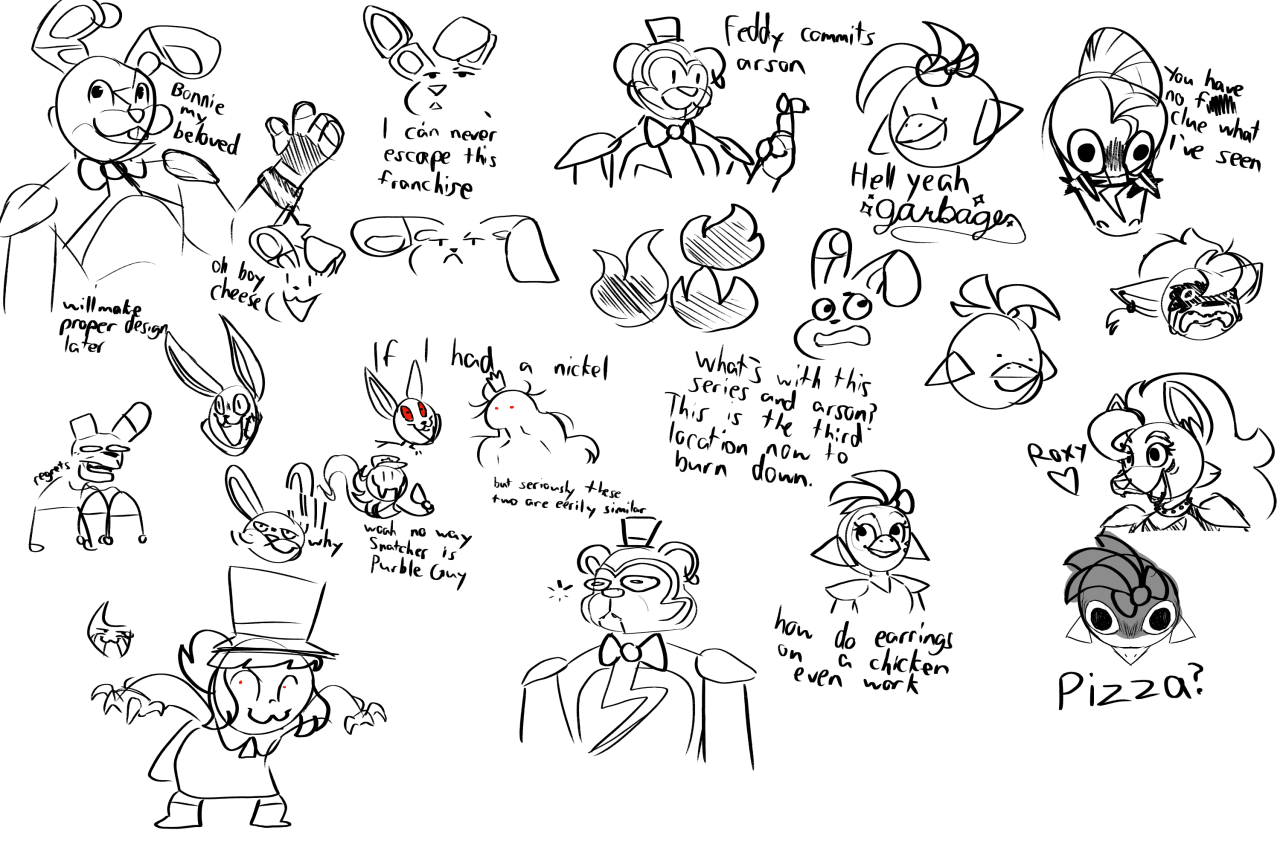 Security Breach doodles, with a few A Hat In Time things and two Kubrick Stares #fnaf #five nights at freddys #doodle page #fnaf security breach #fnaf sb #a hat in time #fnaf roxy #fnaf glamrock animatronics #glamrock freddy#glamrock chica#peepaw afton#peepaw willy #fnaf security breach spoilers  #fnaf sb spoilers #fnaf vanny#fnaf monty#roxanne wolf#montgomery gator #bonnie the bunny #fnaf bonnie