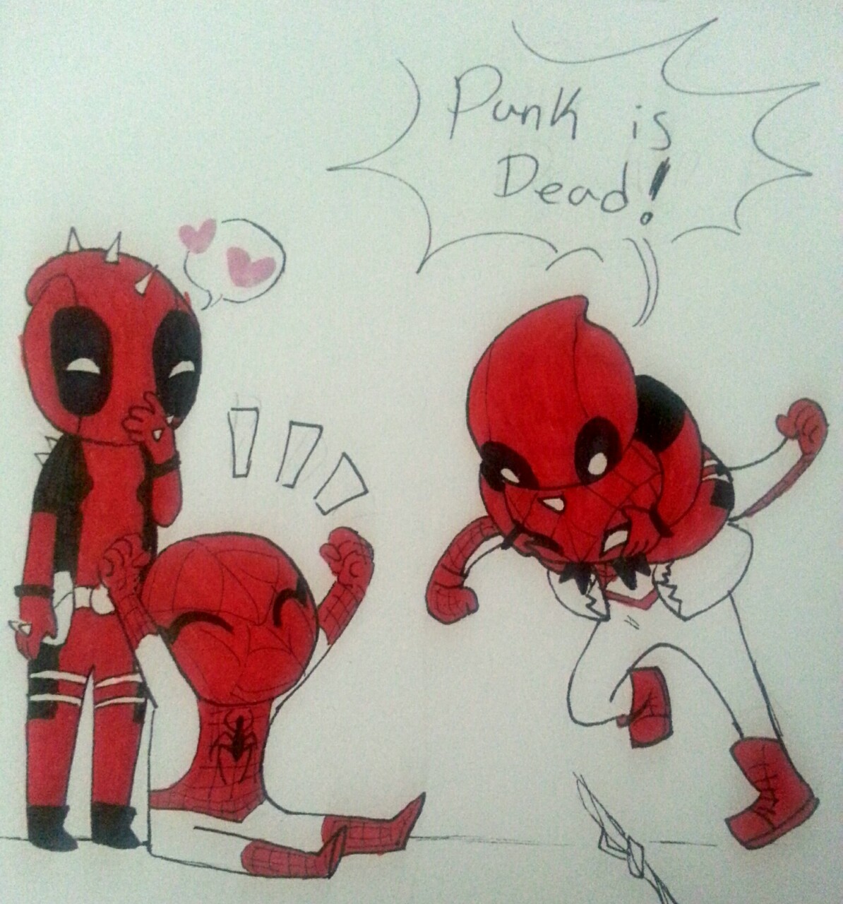 yellow-dress-wonder:  Punk spideypool meets “Bunch of Babies” spideypool.  They