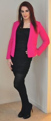 The hot pink jacket sets the right tone