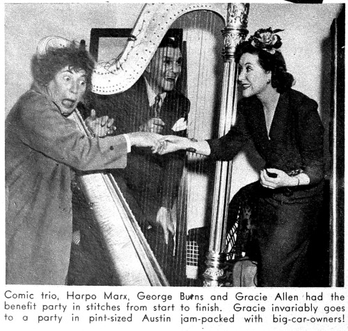 doomsdaypicnic:Harpo Marx, George Burns and Gracie Allen at a WW2 fundraiser.From Modern Screen Apri