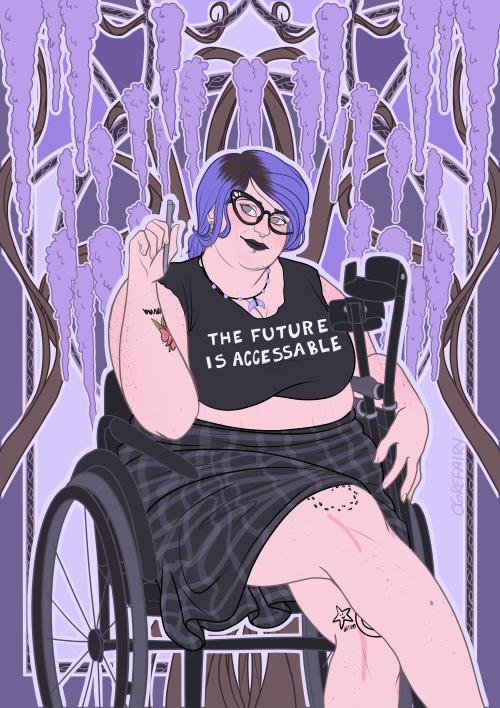ogrefairydoodles:Disabled Beauty Self Portrait[ID: a portrait of me, a fat white woman with blue/pur