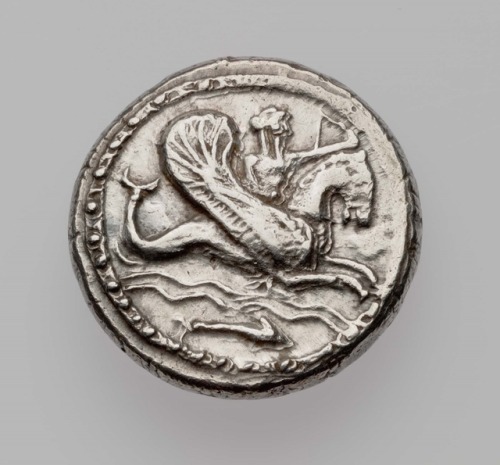 ancientanimalart:Shekel of Tyre with Melqart riding hippocampGreekLate Classical to Early Hellenisti