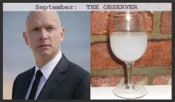 incredulousbeliever:  spiritedcharacters:  September:  THE OBSERVER (ouzo, water, rhubarb bitters) Begin with 133.08 mL of ouzo, arak, or sambuca.  Implant two cubes of ice—size is irrelevant. It is best if two dashes of rhubarb aromatics are added.