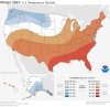 What are weather forecasters expecting for this winter?
A drier, warmer South and a wetter North with return of La Niña.
Map of the United States showing which winter average temperature outcome—much warmer than average (red) or much cooler than...