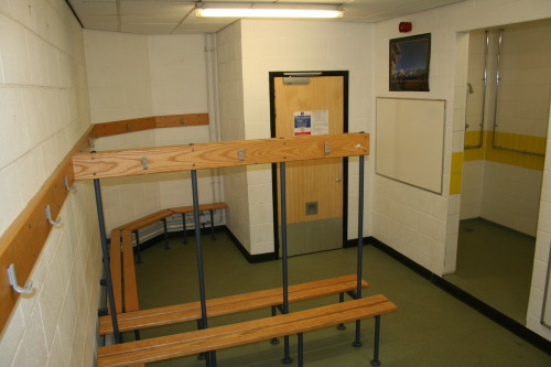 Changing room and showers for the football team at Rye Hills School, Redcar, UK.The school building 