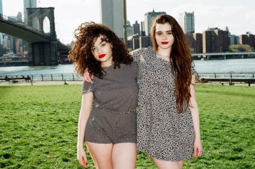 americanapparel:  Diana and Barbara wear the NDP Winie Print Rayon Babydoll Dress and NDP Pia Print T-Shirt Romper and NDP Simy Orange Print Throw. May 2014.