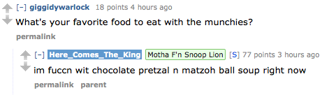 jacquemander:  there-were-giants:  Snoop Dogg/Lion has been doing an AMA on Reddit