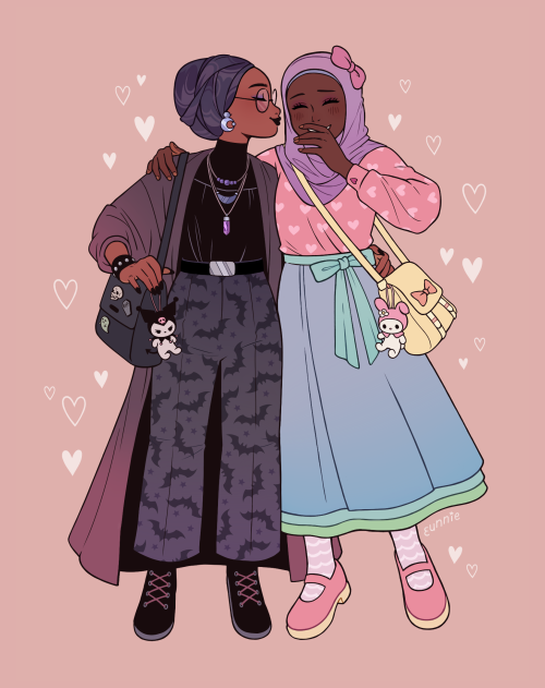 infernallegaycy:eunnieboo:goth gf x pastel gf[id: an illustration of two girlfriends. the girl on th