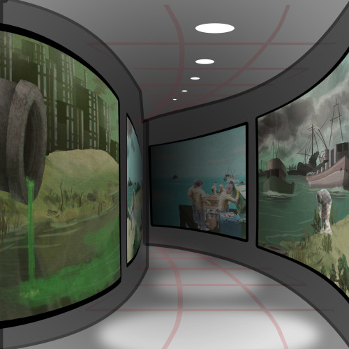 Concept art for a hallway within a theme park/aquarium.  The room&rsquo;s theme was environ