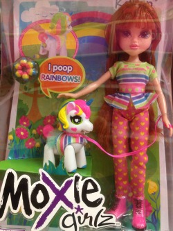 cautioncat:  potatofarmgirl:  choochoobear:  laurelinium:  markargent:  divalea:  This is a Moxie Girlz with a pet unicorn that POOPS RAINBOWS.  THIS IS A REAL THING.I had to have my bf pinch me when I saw it. Before that, I just stood there in TRU with