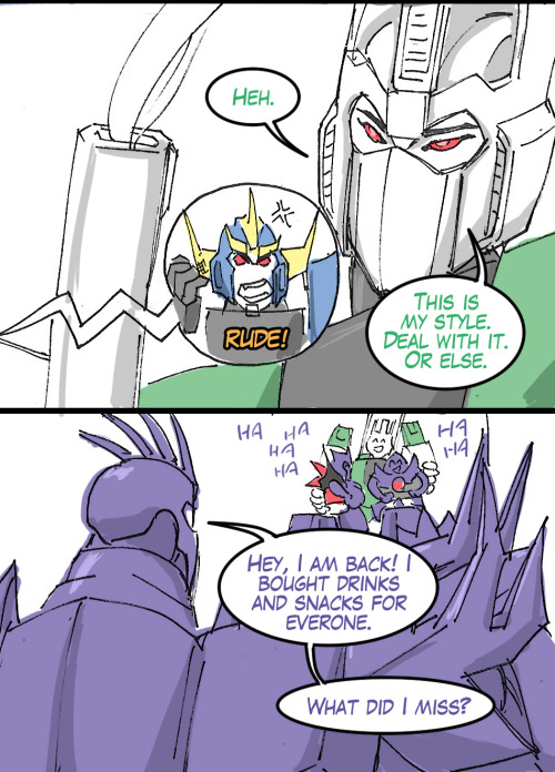 (Self indulgent AU comic)RID Sixshot=Fracture’s master=the best wolf dadRID Dai Atlas=Drift’s master