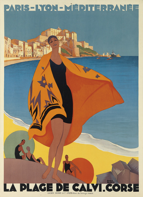 Roger Broders, poster artwork for La Plage de Calvi. Corse, 1928. France. Via Swann Galleries 