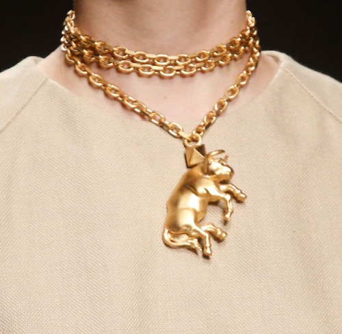 stopdropandvogue: Astrological necklaces at Valentino Spring/Summer 2014 From left to right: Taurus,