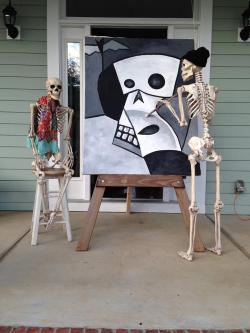 spookydeerchild:  kristenraemiller:  For the month of October ‘til Halloween, my dad changes up the scene of these 2 skeletons on his front porch each day for the neighbors to check out. Very creative!  Peaceful times before the skeleton war 