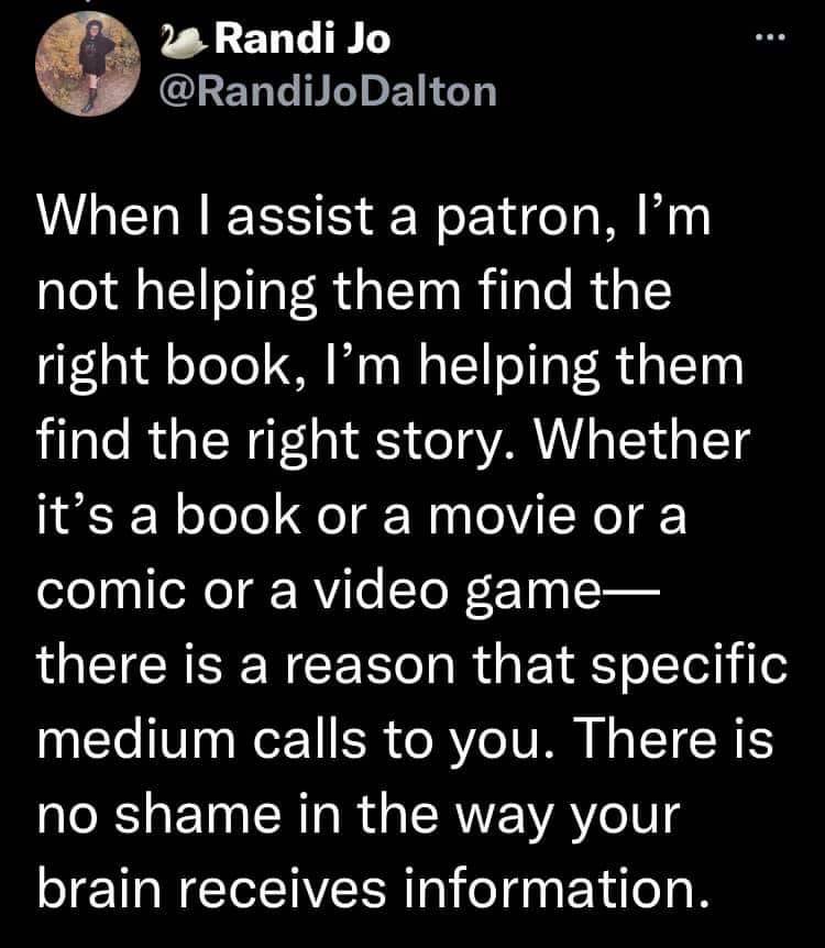 ayellowbirds:moniquill:Image description: a series of tweets from Randi Jo Dalton, reading,“As a Mohawk librarian, when I defend audiobooks, it’s personal. My people were telling stories orally long before stories came packaged in book form. There