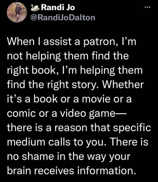 ayellowbirds:moniquill:Image description: a series of tweets from Randi Jo Dalton, reading,“As a Mohawk librarian, when I defend audiobooks, it’s personal. My people were telling stories orally long before stories came packaged in book form. There