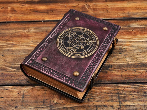 Alchemy leather journal with the transmutation circle tinted in purple…
