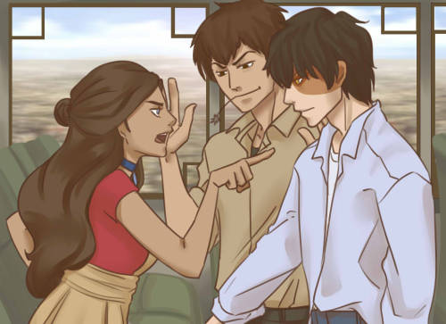 [ID: Zuko, Katara, and Jet are on a train in Ba Sing Se. Katara is confronting Zuko with her finger 