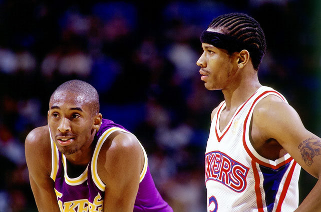 Kobe Bryant of the Los Angeles Lakers chats with Allen Iverson of the