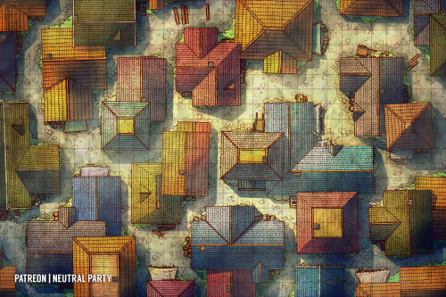 neutralpartymaps:



Personally I prefer that my homebrew campaigns all take place in cities, but only because I have an unhealthy thing for rooftops and I use my power over my players to force them to take part in my obsession. 

Download the full resolution image of this map at my Patreon, as well as alternate gridless, night, and outlines-only versions! #battle map#dm tools