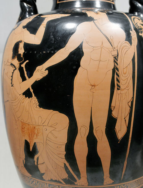 The departure of Neoptolemus.  Side A of an Attic red-figure neck-amphora, attributed to the Lycaon 