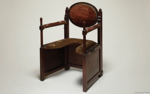 sixpenceee:  The following are parturition chairs or birthing chair. It let the mother sit upright while giving birth. The seat shape allows a clear route for the emerging baby and access for midwives. It also has hand grips and leg rests to aid the