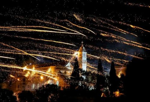 Celebrating Easter with the traditional “ρουκετοπόλεμο” (firework war) in Vrontado of Chios island. 