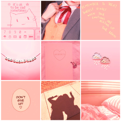 Sayori Moodboard ❱❱ in pink, with themes of depression, caring about her friends, and positivity ☆ M