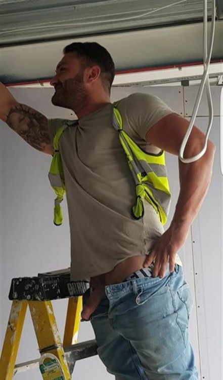 averagewhitedickz: Building Worker Messing Round With Almost Hard Dick Out On Construction Site Wow