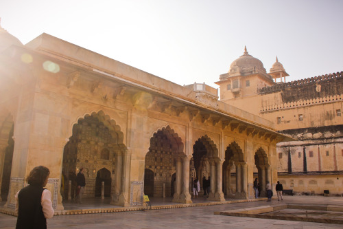 Sheesh mahal (mirror palace), located at Amber fort and palace, Jaipur, Rajasthan, India. Described 