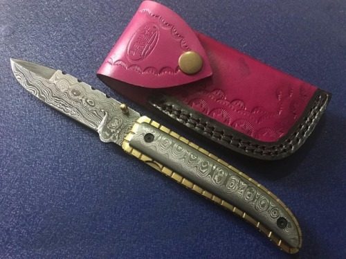 #Handmade #damascus #folding #knife for #sale #with #leather #sheathPm me or comment below for more 