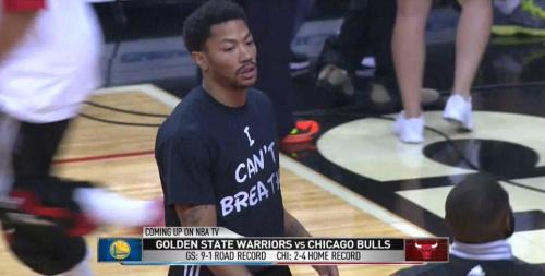 sleepcycled:  Derrick Rose wearing #ICantBreathe shirt in warmups before the game 