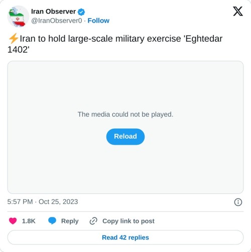 ⚡️Iran to hold large-scale military exercise 'Eghtedar 1402' pic.twitter.com/QyJYsdlmrV
— Iran Observer (@IranObserver0) October 25, 2023