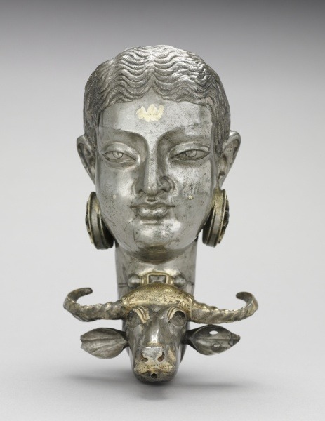 virtual-artifacts:Rhyton: The Buffalo-Slayer Goddess.SilverSasanian, 600 - 700 AD.