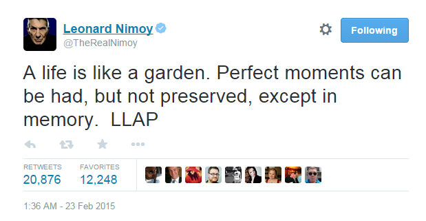 washingtonpost:Leonard Nimoy’s last tweet.