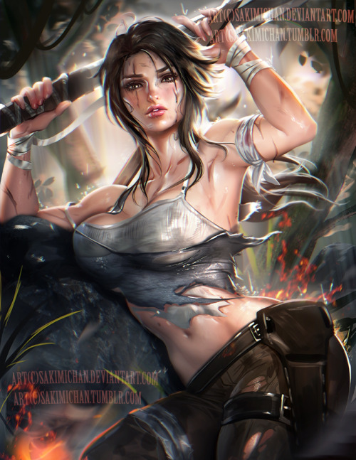 sakimichan:  Sexy Female ‪#‎pinup‬ for this week :)Lara croft I had alot of  fun with this painting, Trying to make everything flow more naturally  with more textures :3 My favorite part is to add the cloth texture and  dirt XD !